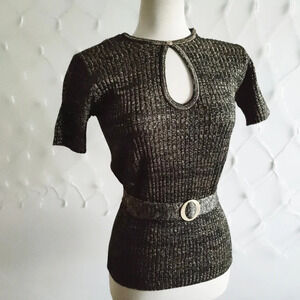 Vintage Belted Knit Top / 60s / Black & Metallic Gold / Size Small